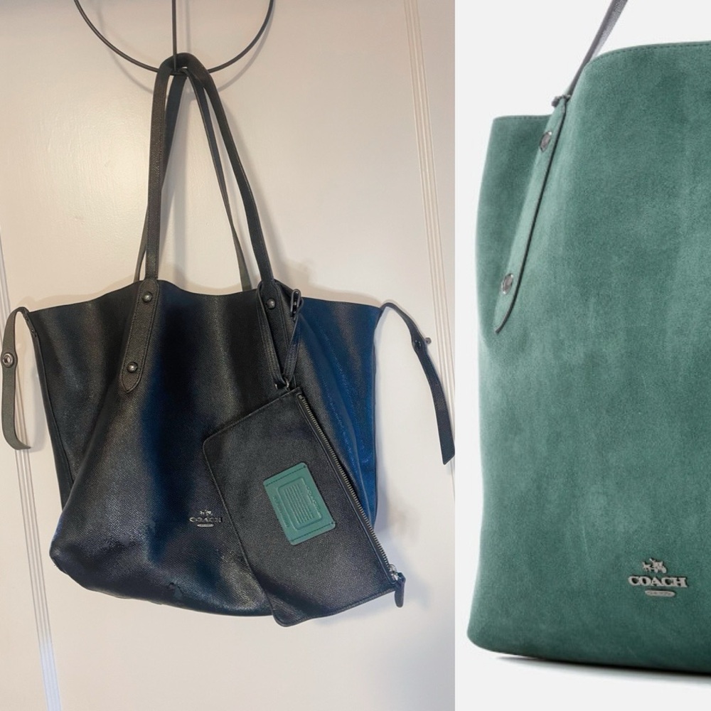 Vintage Coach Large Reversible Market Tote - Teal Suede and Black Leather (USED)